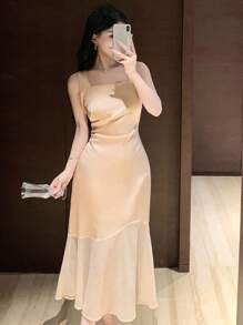 DAZY Vestido de mujer de longitud media con cuello cuadrado sin mangas, plisado, patchwork, vestido de fiesta, volantes, vestidos formales de mujer