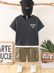 2pcs Young Boys Contrast Letter Print Round Neck Tee And Applique Pocket Shorts Set, Summer - Dark Grey - View 3