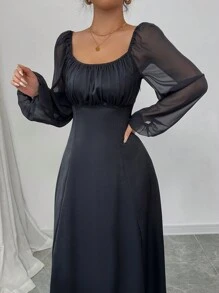 Modelyn 女式长袖网眼拼布褶皱休闲连衣裙 - 黑色 - 查看 6