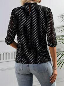 EMERY ROSE 中年女士雪纺中袖衬衫，夏季休闲衬衫，适合中老年人 - 黑色 - 查看 2