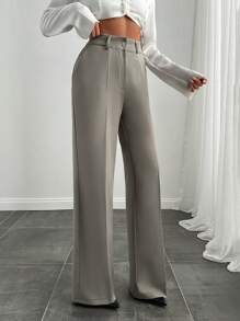 RueChic Women's Solid Color Front Button Minimalist Casual Long Pants, Everyday Wear - Grey - View 3