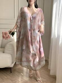 DAZY 2 件套女士扎染印花蝙蝠袖连衣裙和夹克套装 - 粉色 - 查看 5