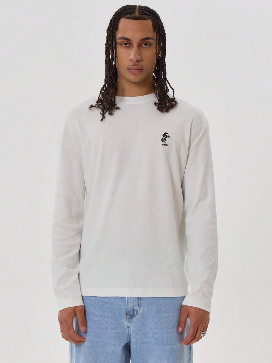 Musero Long Sleeve Crew Neck Embroided Patch Detailing Regular Fit Tshirt Top SPRING SUMMER Essentials - Black - View 1