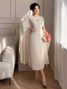 DAZY 女士纯色圆领蝙蝠袖中长连衣裙优雅秋季连衣裙长袖连衣裙 - 米色 - 查看 7