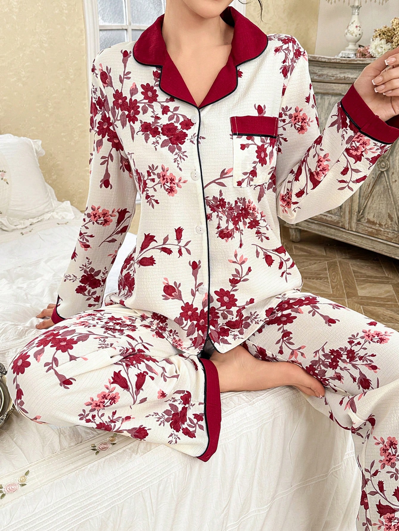 CottageSlumber كارديجان مطبوع بالياقة وبيجاما ذات...