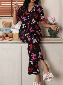 Bow Print Ruffle Decor Women's Shirt Collar Pajama Set - Black - View 6