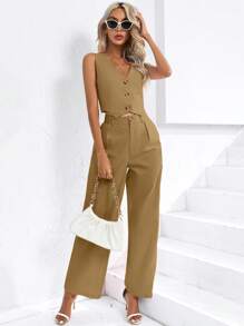 SHEIN Privé 2pcs Women's Simple Solid Color Front Button Sleeveless Top And Long Pants Set - Khaki - View 2