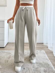 EURMUSE Drawstring Waist Pants - Beige - View 4