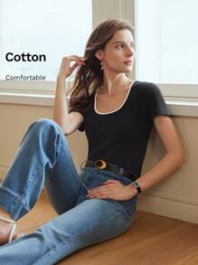 MOTF PREMIUM CONTRAST TRIM RIBBED T-SHIRT - Black - View 2