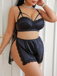 2件套大码女士经典性感蕾丝拼接内衣文胸和内裤套装 - 黑色 - 查看 5