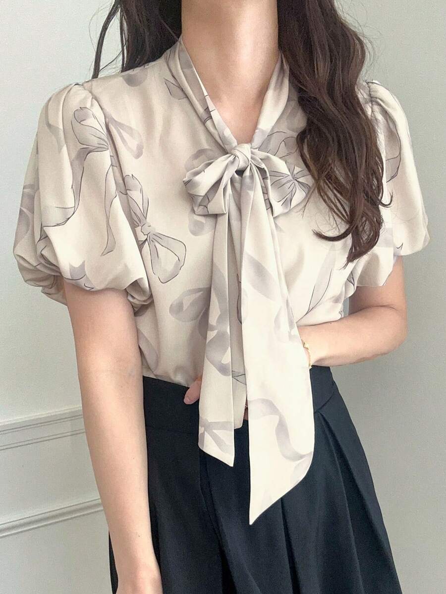 FRIFUL Women's Bowknot Ditsy Floral Blouse With Puff Sleeves, Tie Neckline, Elegant Design For Summer