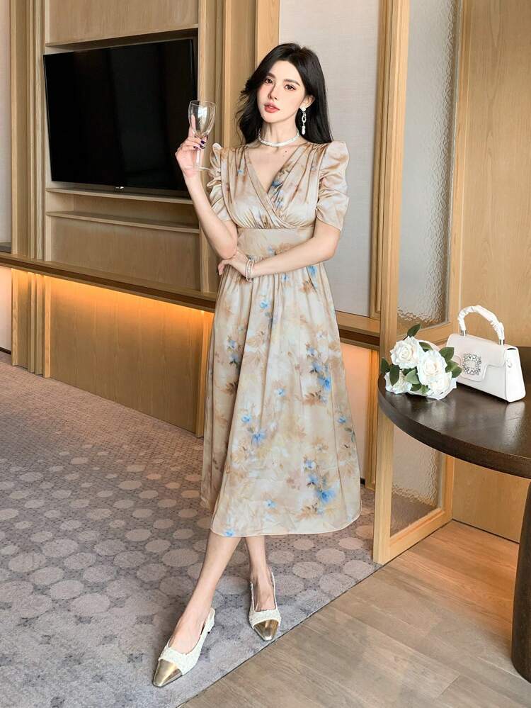 V-Neck Floral Print Balloon Sleeve Mid-Calf Dress For Women, Ruffle Easter Dress
