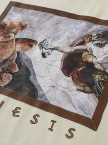 Manfinity EMRG Set maglietta da uomo con tema "GENESIS" e pantaloncini con stampa di elementi di dipinti classici, combina elementi classici in modo intelligente. Set casual da uomo composto da t-shirt a maniche corte con stampa di lettere e pantaloncini, set maschile estivo in due pezzi