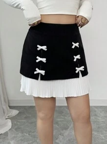 Chiquease French Elegant Elegant Casual Everyday Versatile 3D Bow Pleat Contrast Color High Waist Skirt, Women Spring/Summer Mini Skirt - Black and White - View 6