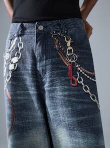 NEON BLANC Men's Street Fashion Loose Woven Denim Effect Long Pants - Teal Blue - View 5