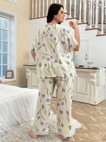 CottageSlumber Plus Size Lace Patchwork V-Neck Floral Print Pajama Set - Apricot - View 2