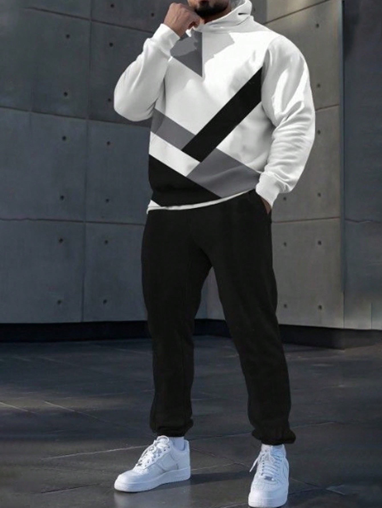 Manfinity Dauomo Men's Spring & Autumn Casual Knitted Hooded Sweatshirt Set With Black Sports Pants, Sportswear Outfit