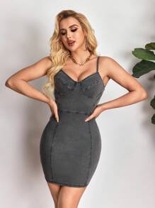 SHEIN Unity Women's Slim-Fit Casual Short Denim Dress With Spaghetti Strap - Grey - View 5