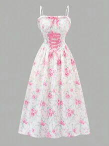 SHEIN Teen Girls' Ditsy Floral Camisole Cinched Waist Dress, Sweet Vacation Country Style, Girls' Princess Clothing Suit For Wedding Season, And Cute Design, Floral/Partial Decor - Multicolor - View 3