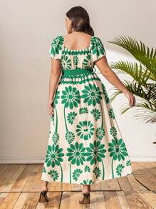 Breezaya Plus Size Women's Boho Valentine's Day Woven Print Color Block Square Neck Tie Waist Short Sleeve Casual Dress, For Summer