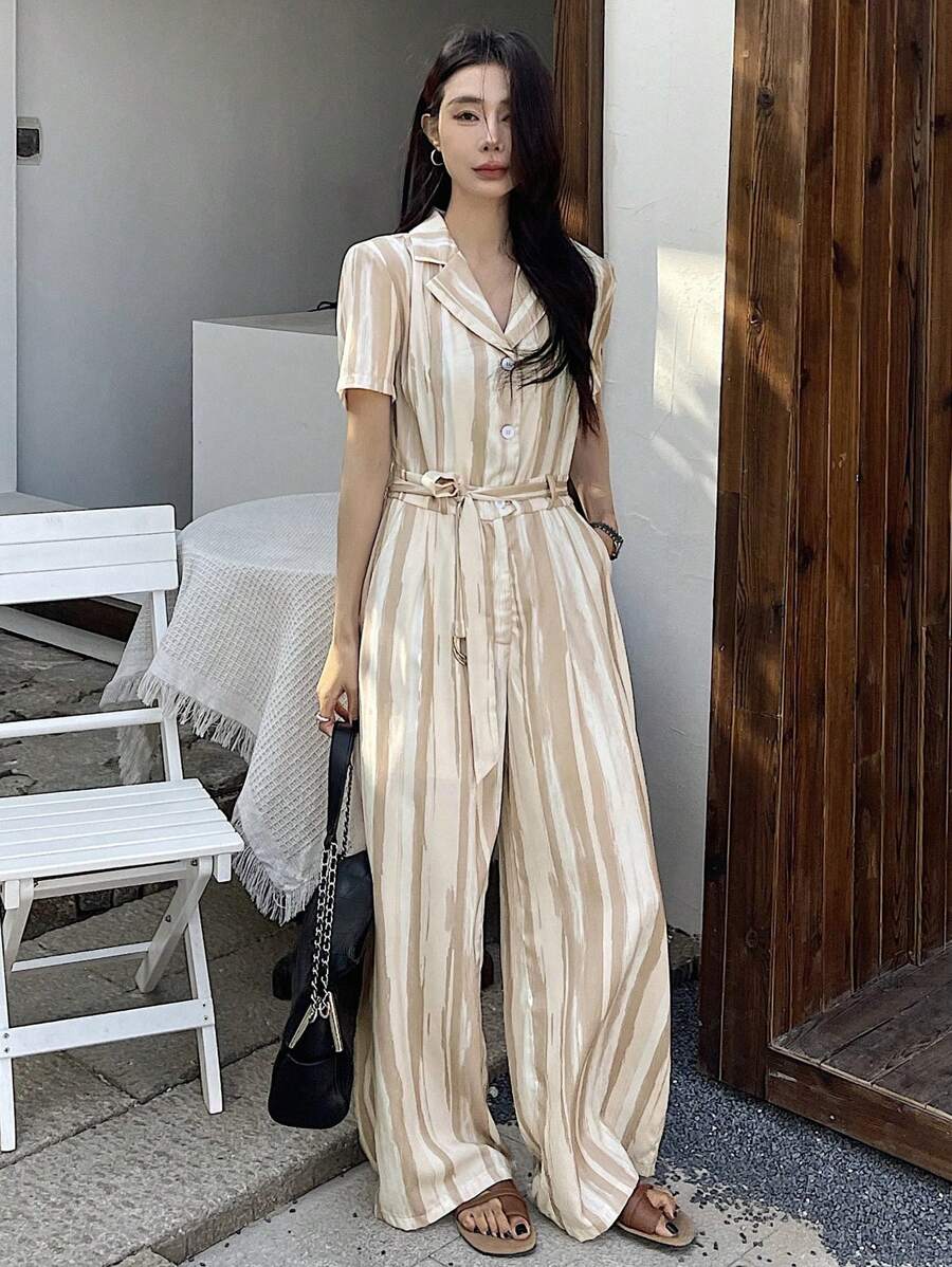 DAZY Combinaison courte avec ceinture et col de blazer rayée, pour femmes - Kaki - Voir 1