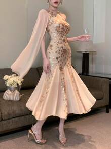 DAZY Vestido midi con escote asimétrico con volantes, falda de sirena y parches de lentejuelas para mujer, vestido de fiesta, vestido formal, vestido de manga larga para otoño, vestido elegante de lujo para mujer, nuevo atuendo de Año Nuevo, vestido brillante de carnaval - Albaricoque - Ver 4