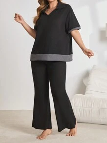 Plus Size Contrast Color Block Polo Collar Short Sleeve Flare Pants Pajamas Set - Black - View 3