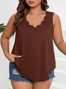 SHEIN LUNE Plus Size Women Solid Color Arched Hem V-Neck Casual Tank Top