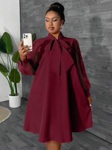 Maweii Plus Size Solid Color Tie Neck Mesh Splice Elegant Long Sleeve Dress Burgundy Color Women Outfit Fall Cloth For Women - Burgundy - View 6
