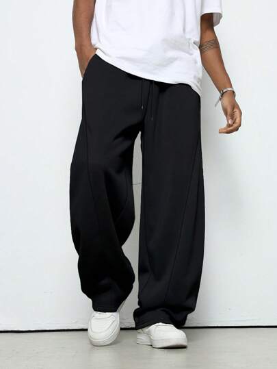 TOKVUE Men's Solid Color Drawstring Pocket Casual Sweatpants, Baggy Black Loose Fit Pants