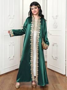 2pcs Set Teen Girl Cardigan & Dress, Simple Outfit - Green - View 1