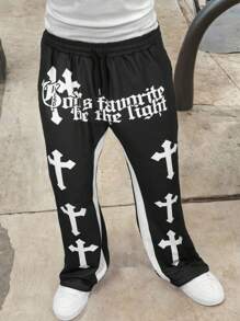 Manfinity Dauomo Men's Front Lace-Up Letter Print Color Block Casual Pants, Minimalistic Style For Daily Wear - Black - View 1