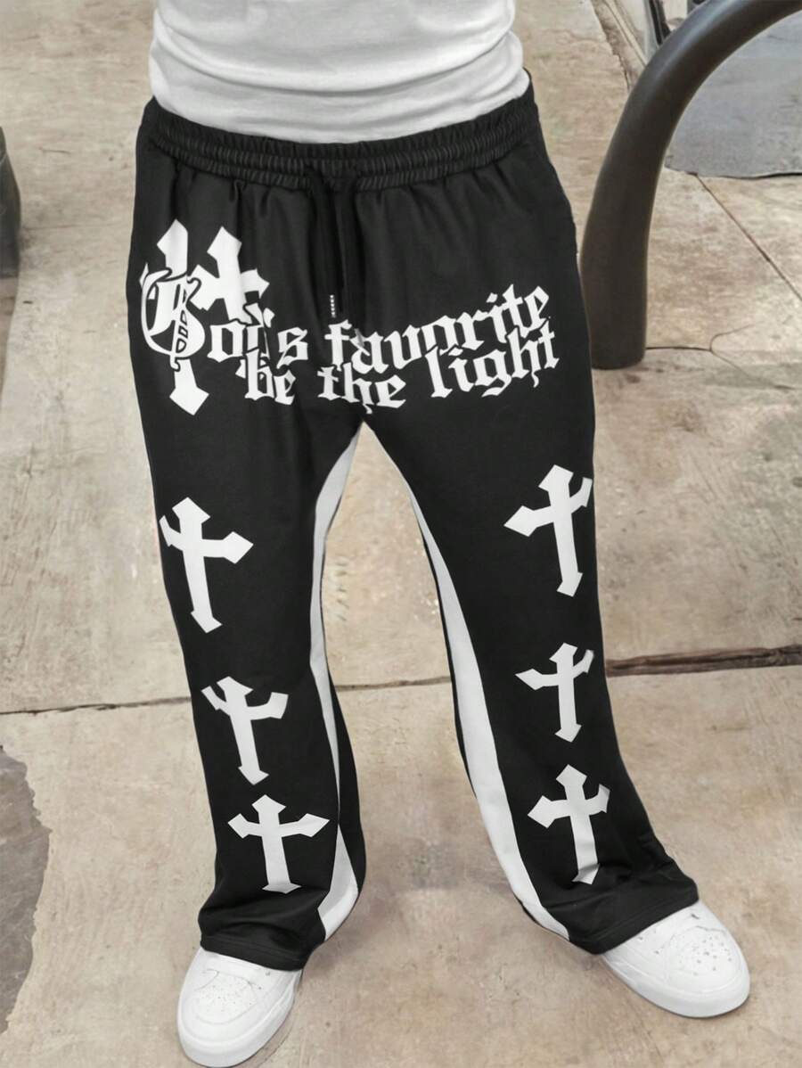 Manfinity Dauomo Men's Front Lace-Up Letter Print Color Block Casual Pants, Minimalistic Style For Daily Wear - Black - View 1