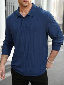 Manfinity CasualCool Plus Size Men Plain Button-Up Long Sleeve Casual Polo Shirt
