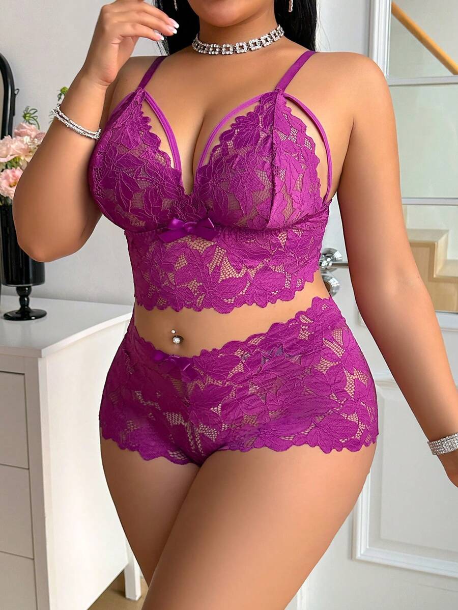 SHEIN 2pcs Set Sexy Plus Size Women Lace Lingerie Set - Purple - View 1