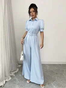 Breezaya French Elegant Elegant Versatile Collared Button Puff Sleeve Cinched Waist Wide Leg Jumpsuit, Blue, Spring/Summer - Baby Blue - View 5