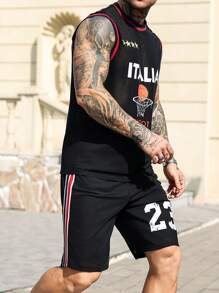 Manfinity LEGND Conjunto de top de tirantes y shorts con estampado de letras para baloncesto de hombres - Multicolor - Ver 4