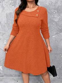 SHEIN LUNE Plus Size Crew Neck Long Sleeve Button Casual Short Dress