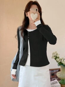 DAZY 女士撞色长袖二合一斜翻领圆领蝴蝶T恤，秋季服装 - 彩色 - 查看 4