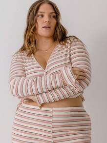 Aralina Curve Casual Jersey Wrap Front Stripe Sleep Crop Top With Scrunchie