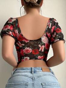 Myrelith 1 件女式前钩钢圈花卉衬垫泡泡袖文胸上衣，可作为内衣外穿 - 彩色 - 查看 2