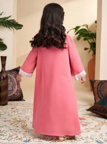Young Girl Solid Color Patchwork V-Neck Long Sleeve Simple Casual Dress - Pink - View 2