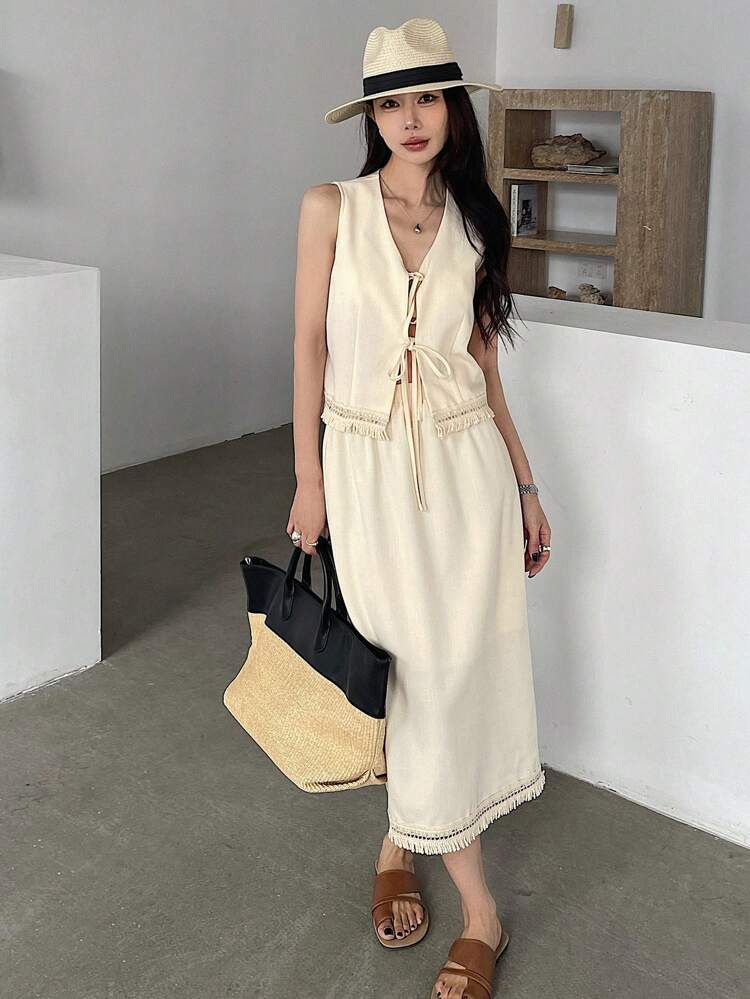 2pcs/Set Women Solid Color Fringed Tie Front Vest And Skirt Business Attire