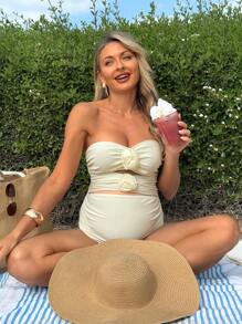 SHEIN Maternity Elegant 3D Floral Decor Cut Out Tube One-Piece Swimsuit, Summer Beach Vacation - Beige - View 4