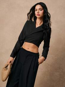 SHEIN BAE Lapel Neck Tie Back Wrap Blazer - Black - View 6