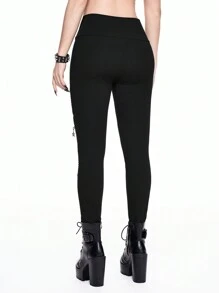 ROMWE Gothic Pentagram Zipper Decor Hollow Out Splice Women's Skinny Stretchy Leggings - Black - View 5