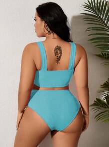 SHEIN Swim Curve 2 件大码女士纯色比基尼泳装套装，休闲度假，夏季海滩度假 - 淺藍色 - 查看 2