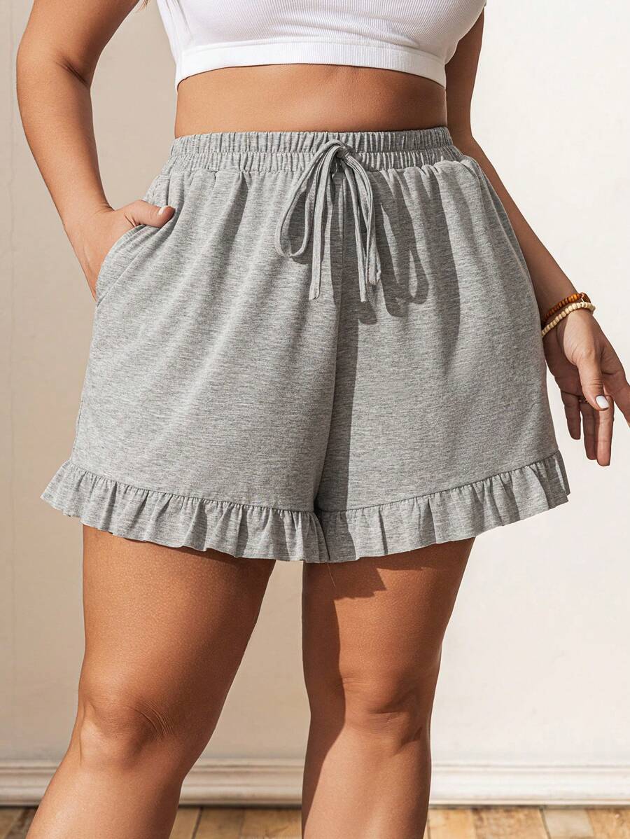 SHEIN LUNE Quần short giả rút dây giả màu xám, quần short ngày lễ tình nhân cỡ lớn, quần short mùa xuân và mùa hè, quần short thời trang thoải mái, quần short mùa hè cho nữ, quần short ngày lễ thánh Patrick, kỳ nghỉ xuân, phong cách boho ngày lễ thánh Patrick - Xám - Xem 1