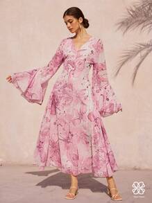 Femmeiva French Romantic Floral Print V-Neck Flare Sleeve Cinched Waist Ruffle Hem Long Chiffon Dress For Women Boho Vacation Fashionable Style For Spring Fall - Multicolor - View 1