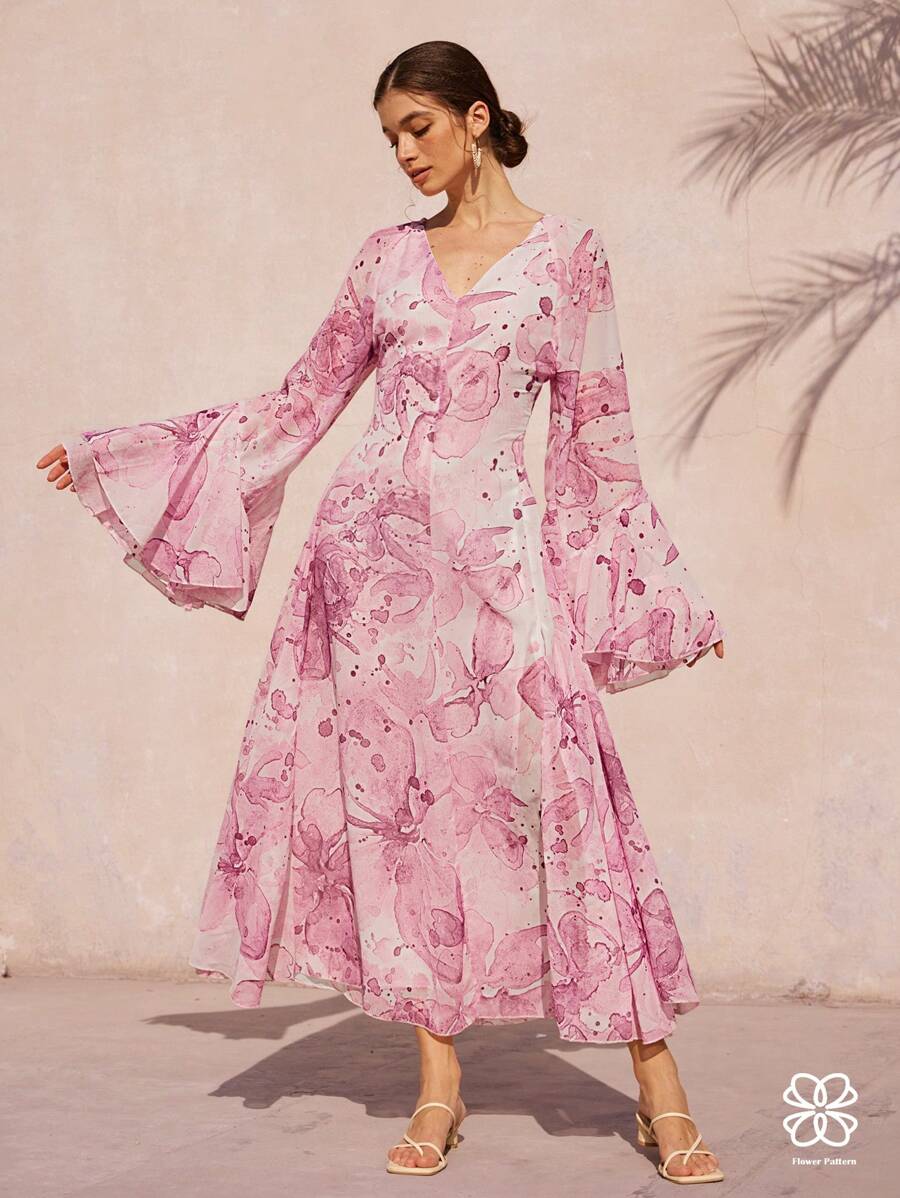 Femmeiva French Romantic Floral Print V-Neck Flare Sleeve Cinched Waist Ruffle Hem Long Chiffon Dress For Women Boho Vacation Fashionable Style For Spring Fall - Multicolor - View 1